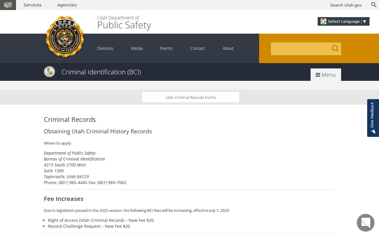 Utah BCI criminal records and subject Right of Access page
