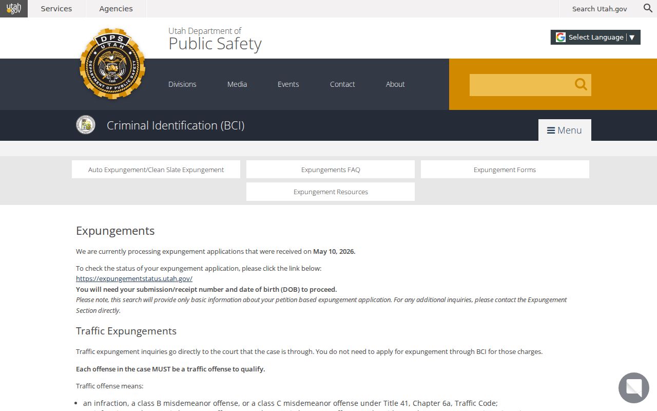 Utah BCI expungement eligibility and application status information