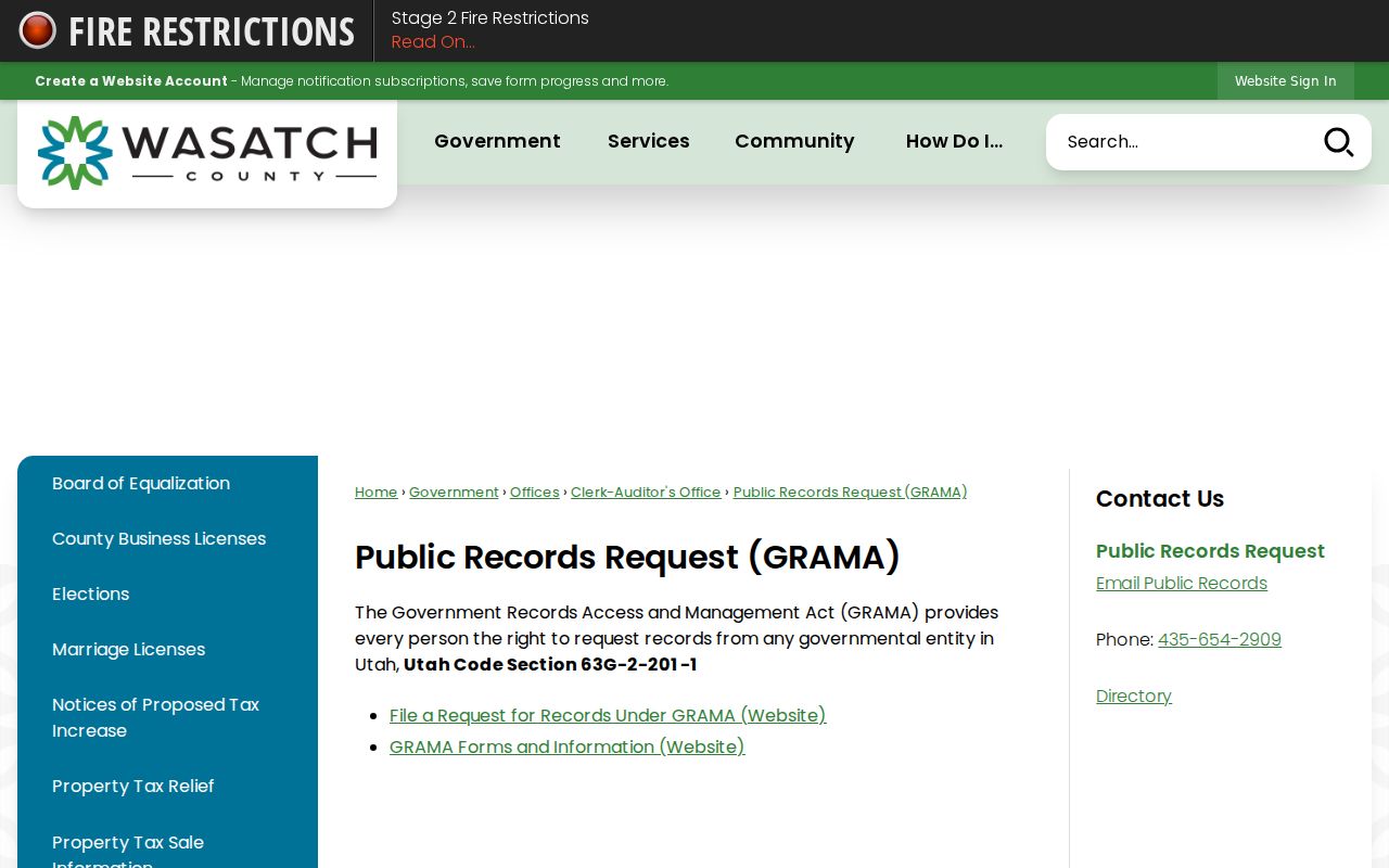 Wasatch County public records request GRAMA gateway