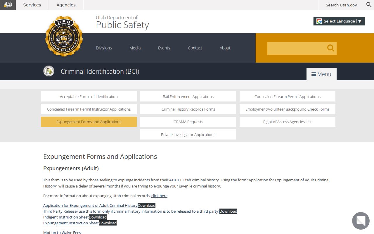 Utah form catalog distinguishing registry removal from Wasatch County expungement